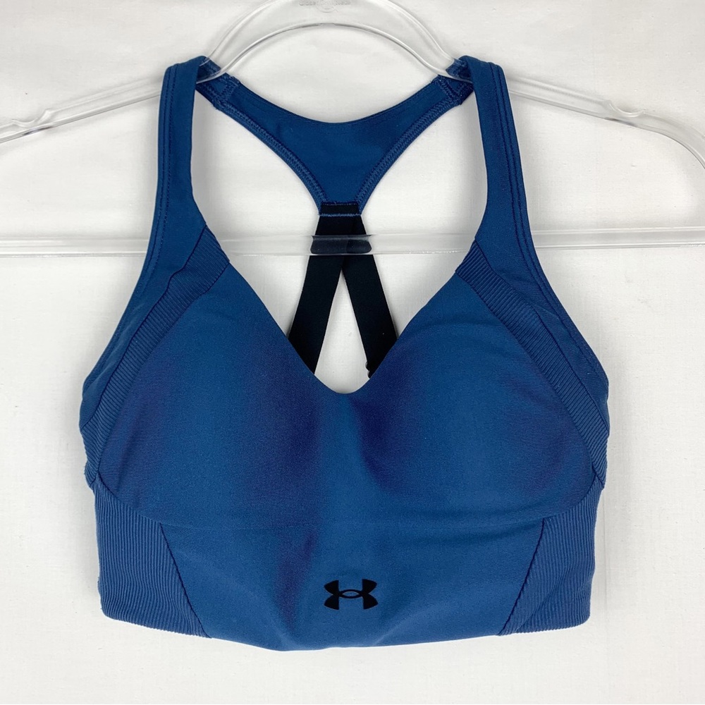 Under Armour Infinity Mid Rib Sports Bra Indigo Heatgear Adjustable Straps sz XS
